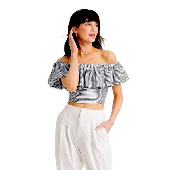 a new day Tops - A New Day Linen Striped Off Shoulder Ruffle Crop Top | NWT!🐠